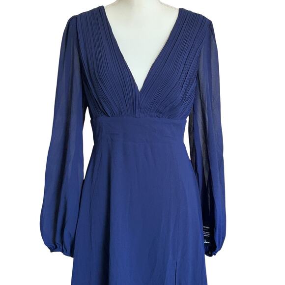 LULUS Marvelous Affair Navy Blue Pleated Lace-Up Long‎ Sleeve Maxi Dress-Size L - Picture 3 of 9